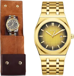 Quartz Watch for Man BUREI Leather Watch Travel Case Pouch Portable Watch Case for counterclockwise Men Fashion Minimalist Business Men's Wrist Watches Stainless Steel Waterproof 