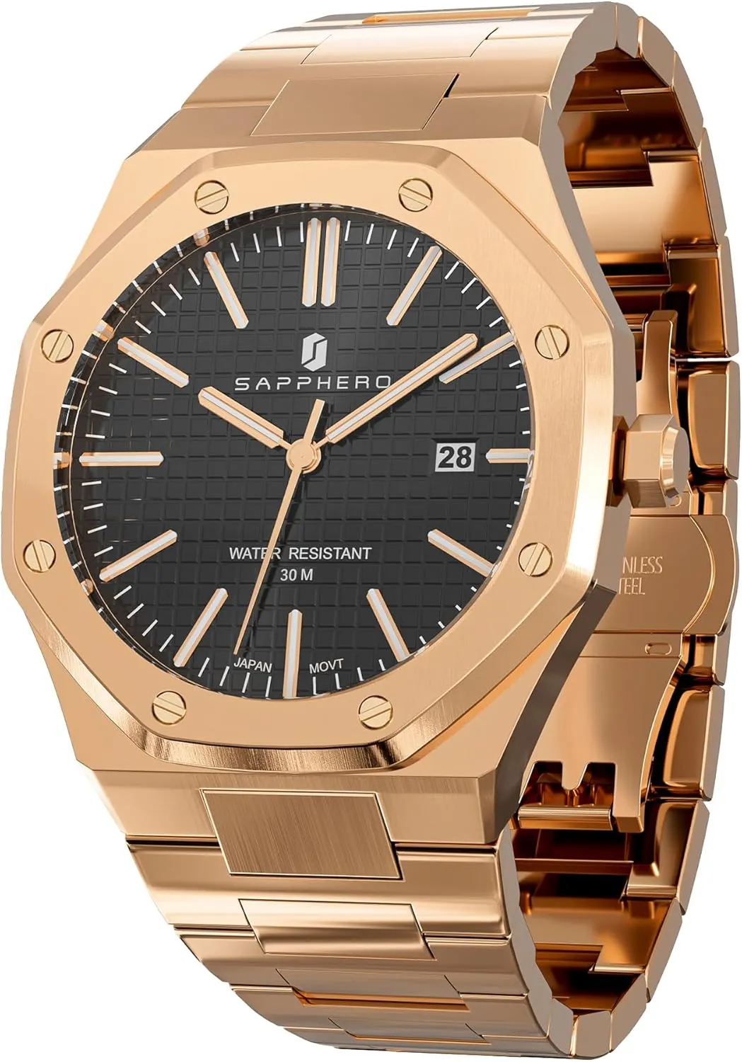 Quartz Watch for Men with windswept Date Elegant Mens SAPPHERO Men's Watch Octagonal Stainless Steel 30M Waterproof Luminous Wristwatch Luxury Analog 