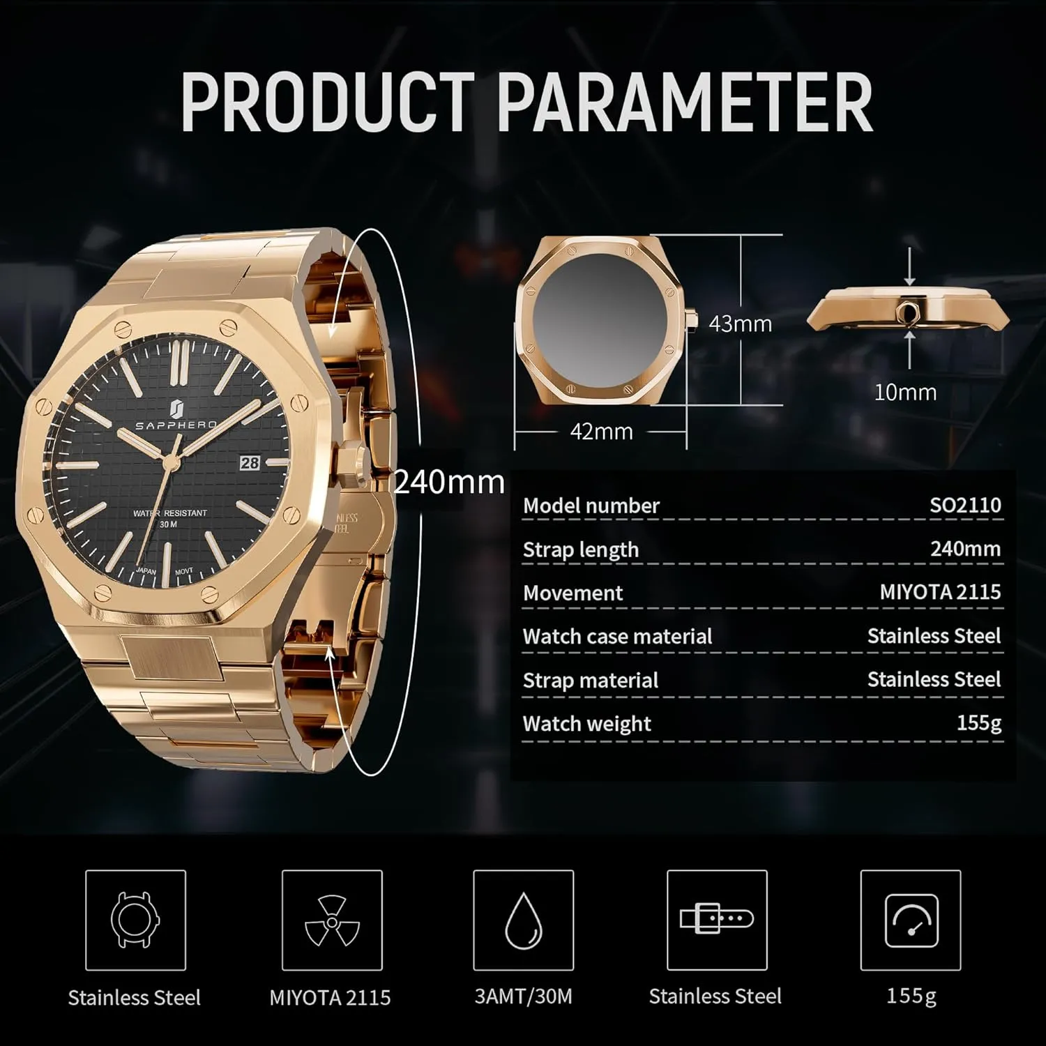 Quartz Watch for Men with windswept Date Elegant Mens SAPPHERO Men's Watch Octagonal Stainless Steel 30M Waterproof Luminous Wristwatch Luxury Analog 