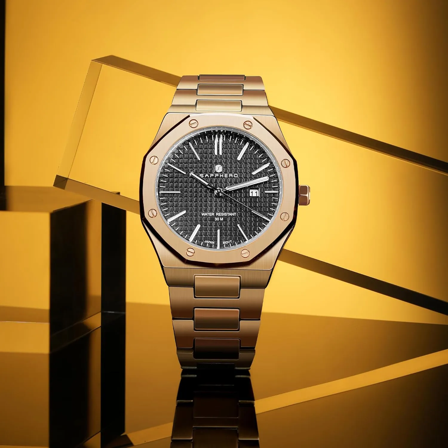 Quartz Watch for Men with windswept Date Elegant Mens SAPPHERO Men's Watch Octagonal Stainless Steel 30M Waterproof Luminous Wristwatch Luxury Analog 