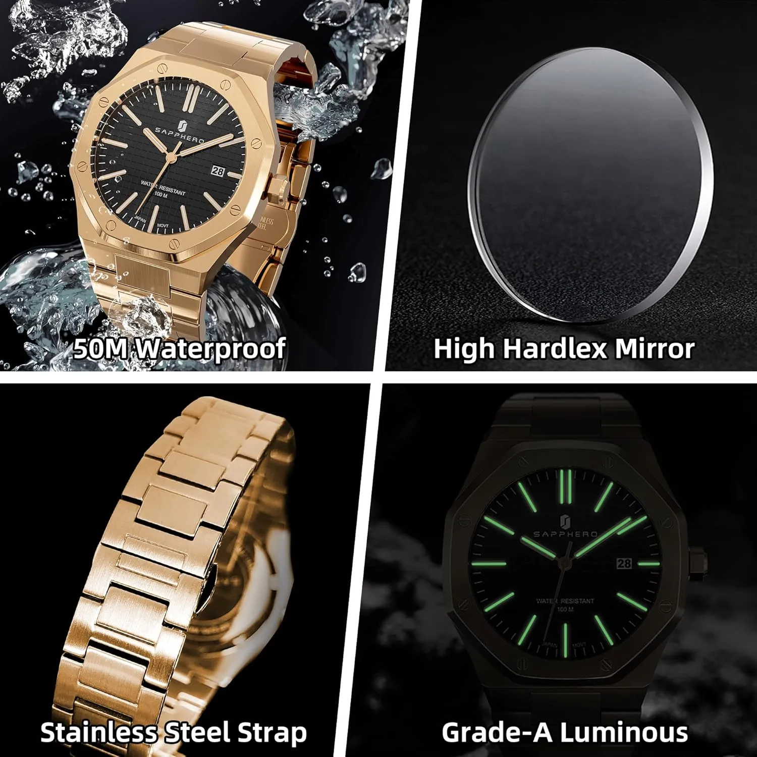 Quartz Watch for Men with windswept Date Elegant Mens SAPPHERO Men's Watch Octagonal Stainless Steel 30M Waterproof Luminous Wristwatch Luxury Analog 