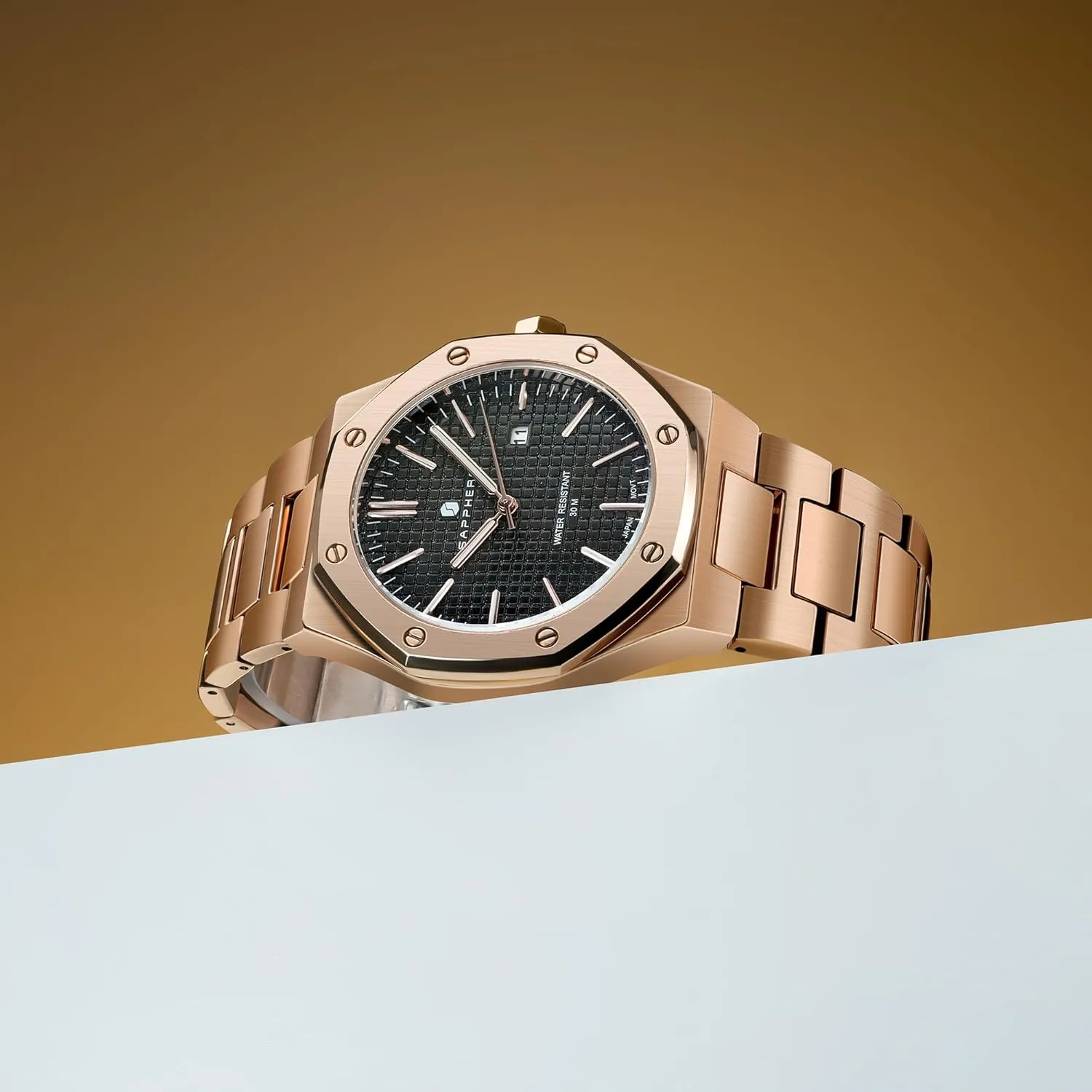 Quartz Watch for Men with windswept Date Elegant Mens SAPPHERO Men's Watch Octagonal Stainless Steel 30M Waterproof Luminous Wristwatch Luxury Analog 