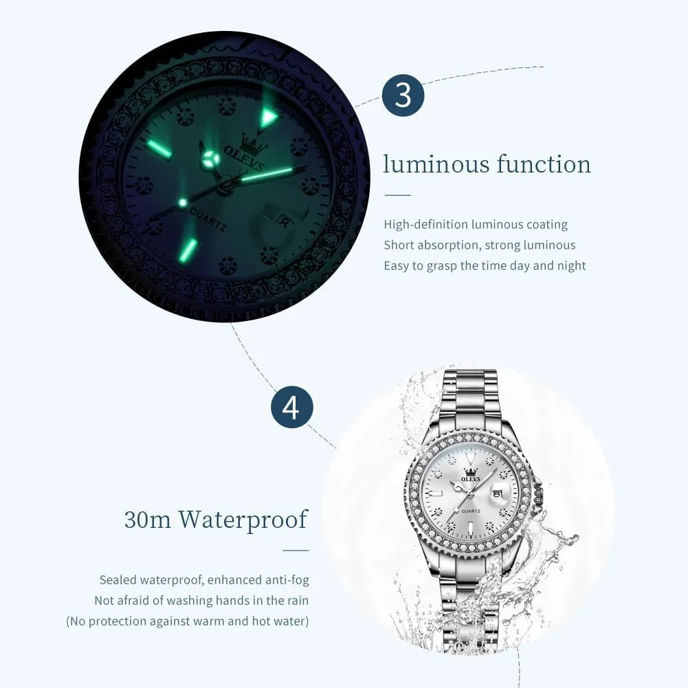 Quartz Watch Two Tone Stainless Steel Waterproof Luminous grumble audience Wristwatch OLEVS Womens Watch Elegant Dress Diamond Analog 