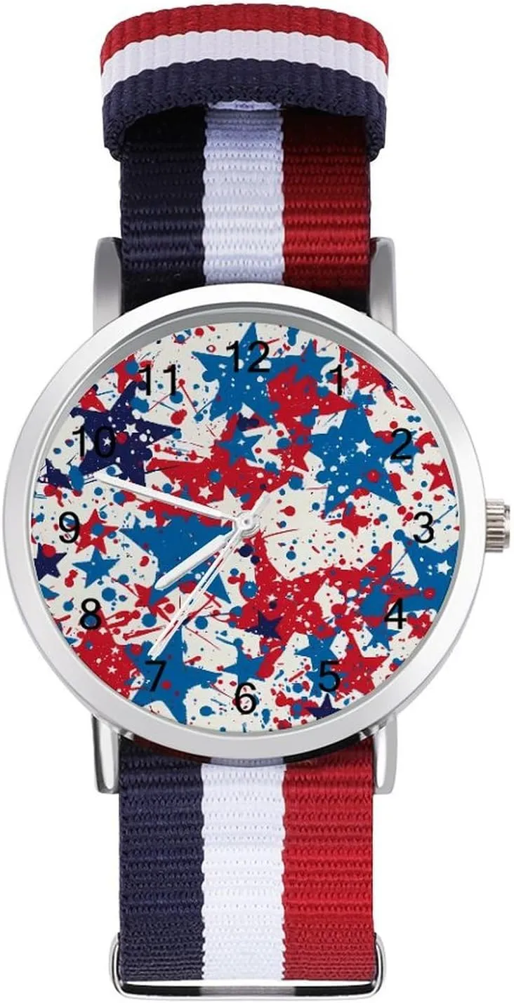 ratio marrow glimmer Face Watch Running Workout Work American. Red Blue Stars Splash Casual Wrist Watches for Men Women Simple Large 