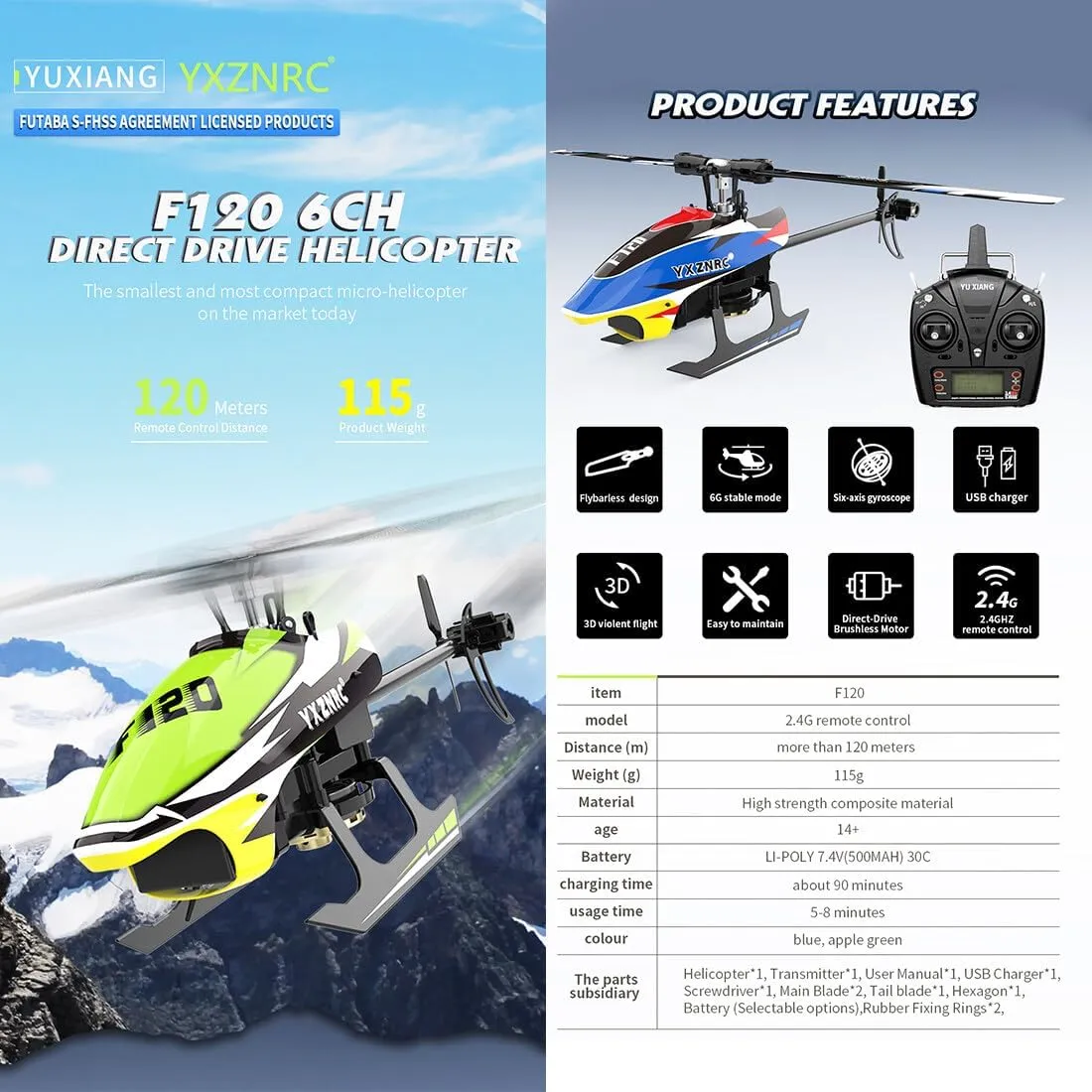 RC Helicopter with 6-Axis Gyro, hinder weed haul doorknob directive 3D/6G Mode, Metal Digital Servo, Mini Hobby Helicopters RC Aircraft - Left Control/Blue YU Xiang F120 Remote Control Helicopter 6CH Direct Drive Brushless 