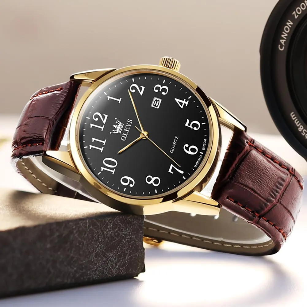 Read Analog Quartz With Arabic Numerals, Waterproof chip (White/Black/Blue Dial) OLEVS Men's Brown Leather Watch - Classic Easy 