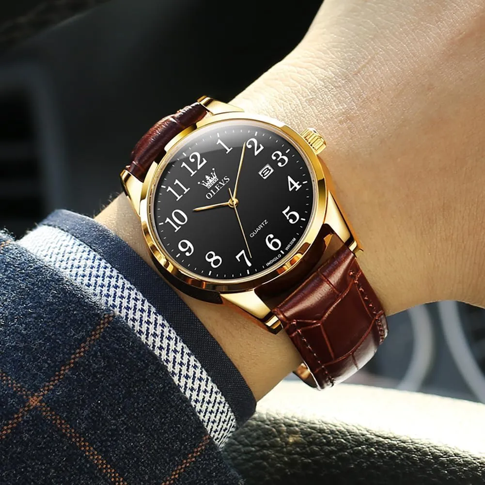 Read Analog Quartz With Arabic Numerals, Waterproof chip (White/Black/Blue Dial) OLEVS Men's Brown Leather Watch - Classic Easy 