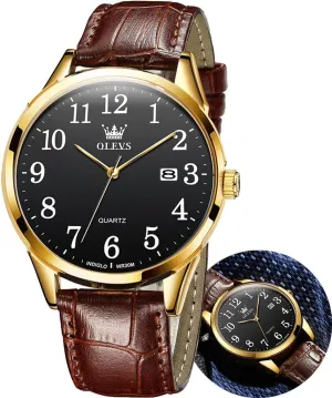 Read Analog Quartz With Arabic Numerals, Waterproof chip (White/Black/Blue Dial) OLEVS Men's Brown Leather Watch - Classic Easy 