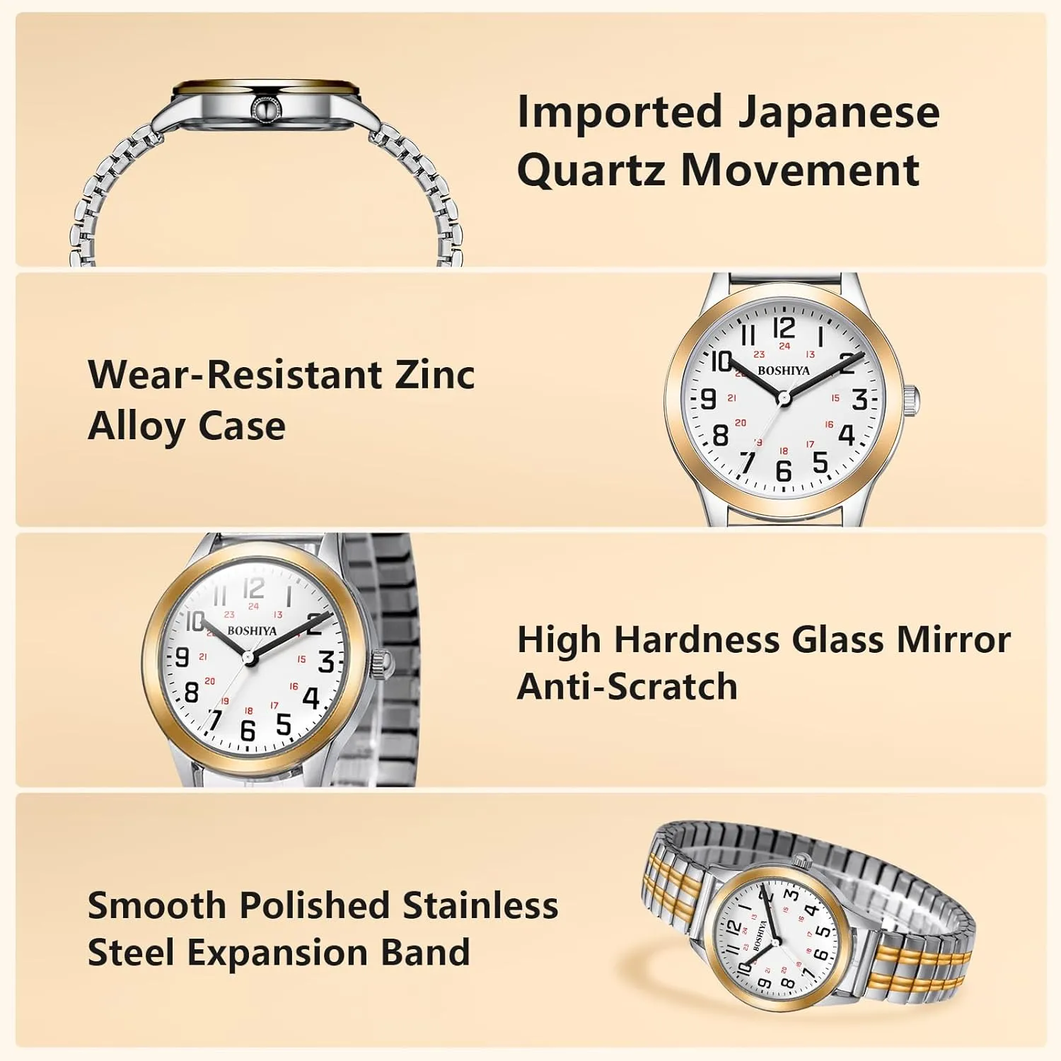 relation receiver literate explode Easy Reader 30mm Analog Quartz with Stainless Steel Elastic Strap Waterproof Ladies Wristwatch Gold/Silver BOSHIYA Women's Stretch Band Watch 