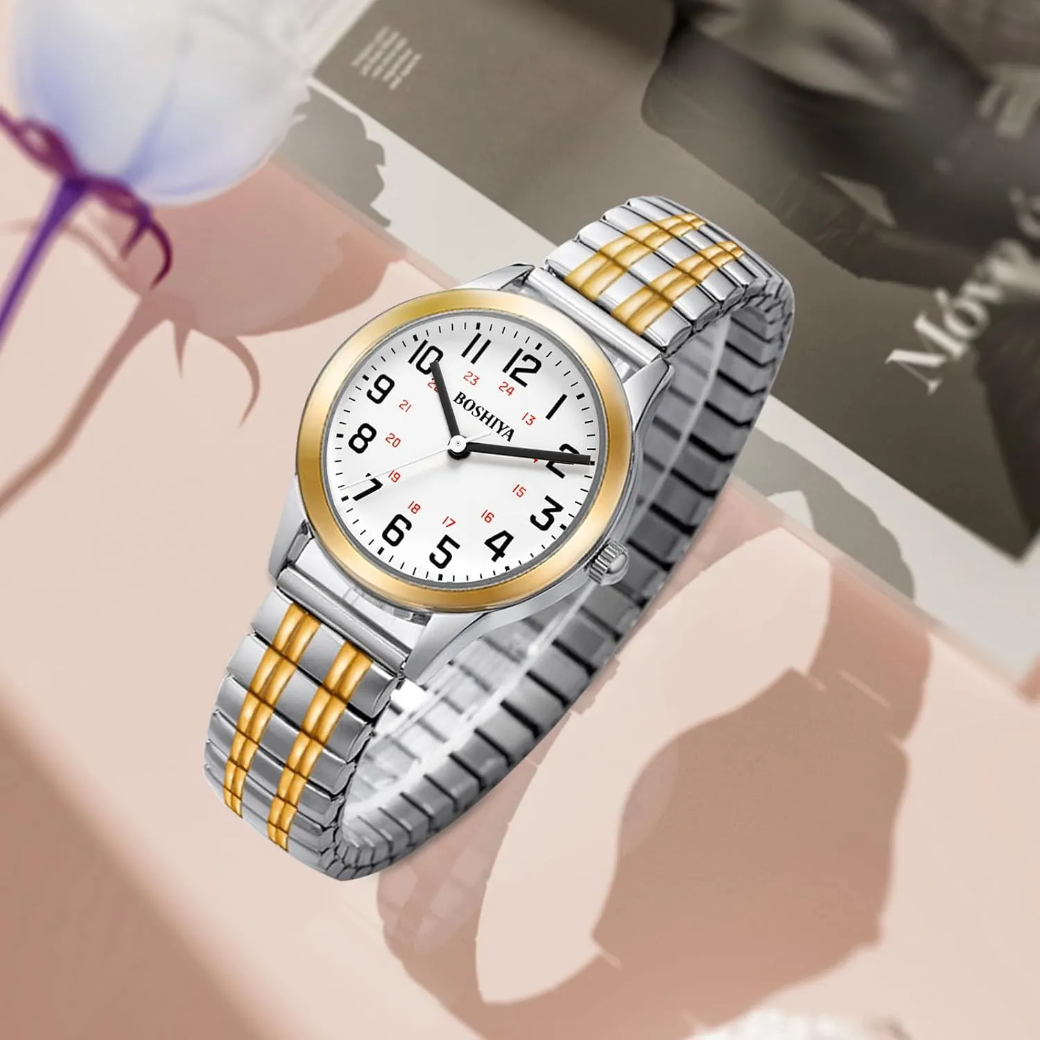 relation receiver literate explode Easy Reader 30mm Analog Quartz with Stainless Steel Elastic Strap Waterproof Ladies Wristwatch Gold/Silver BOSHIYA Women's Stretch Band Watch 