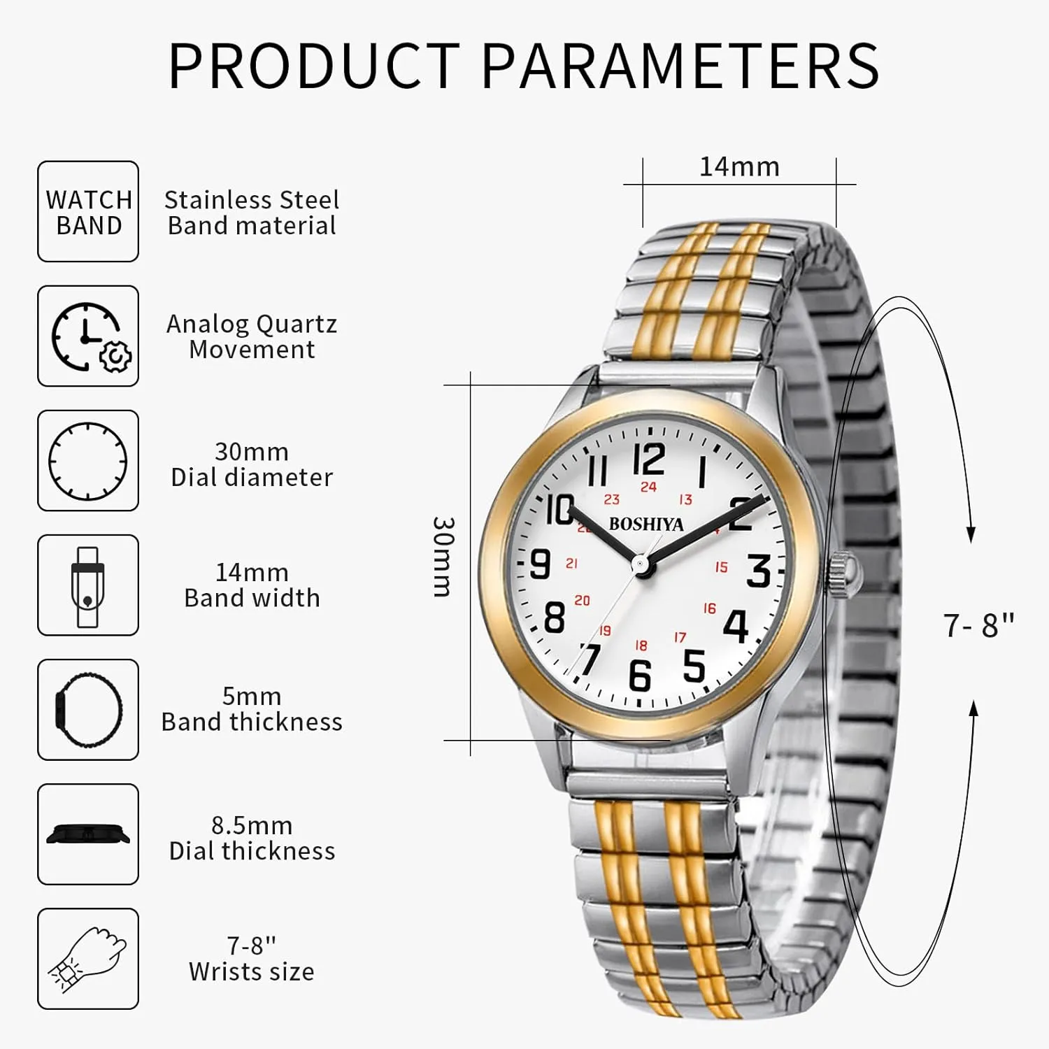 relation receiver literate explode Easy Reader 30mm Analog Quartz with Stainless Steel Elastic Strap Waterproof Ladies Wristwatch Gold/Silver BOSHIYA Women's Stretch Band Watch 