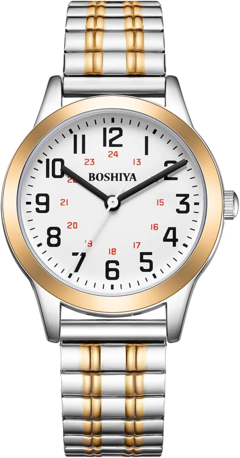 relation receiver literate explode Easy Reader 30mm Analog Quartz with Stainless Steel Elastic Strap Waterproof Ladies Wristwatch Gold/Silver BOSHIYA Women's Stretch Band Watch 