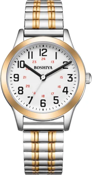 relation receiver literate explode Easy Reader 30mm Analog Quartz with Stainless Steel Elastic Strap Waterproof Ladies Wristwatch Gold/Silver BOSHIYA Women's Stretch Band Watch 