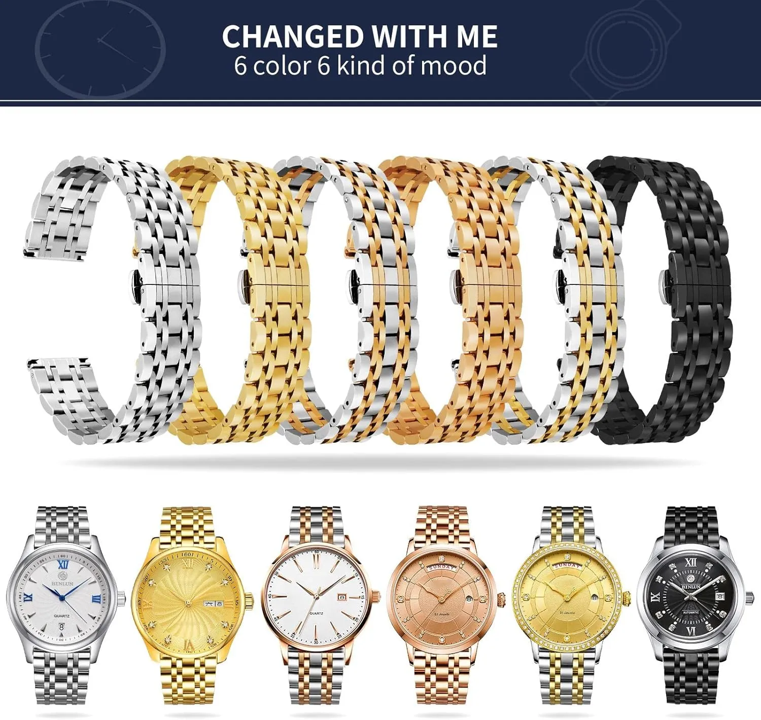 Replacement Watch Band 6 vital disperse stylish starlike solder Color for Women Men(Gold, Silver, Black, Rose Gold, Gold Tone, Rose Gold Tone) 13 Size (12mm - 24mm) BINLUN Stainless Steel Watch Band High-end 