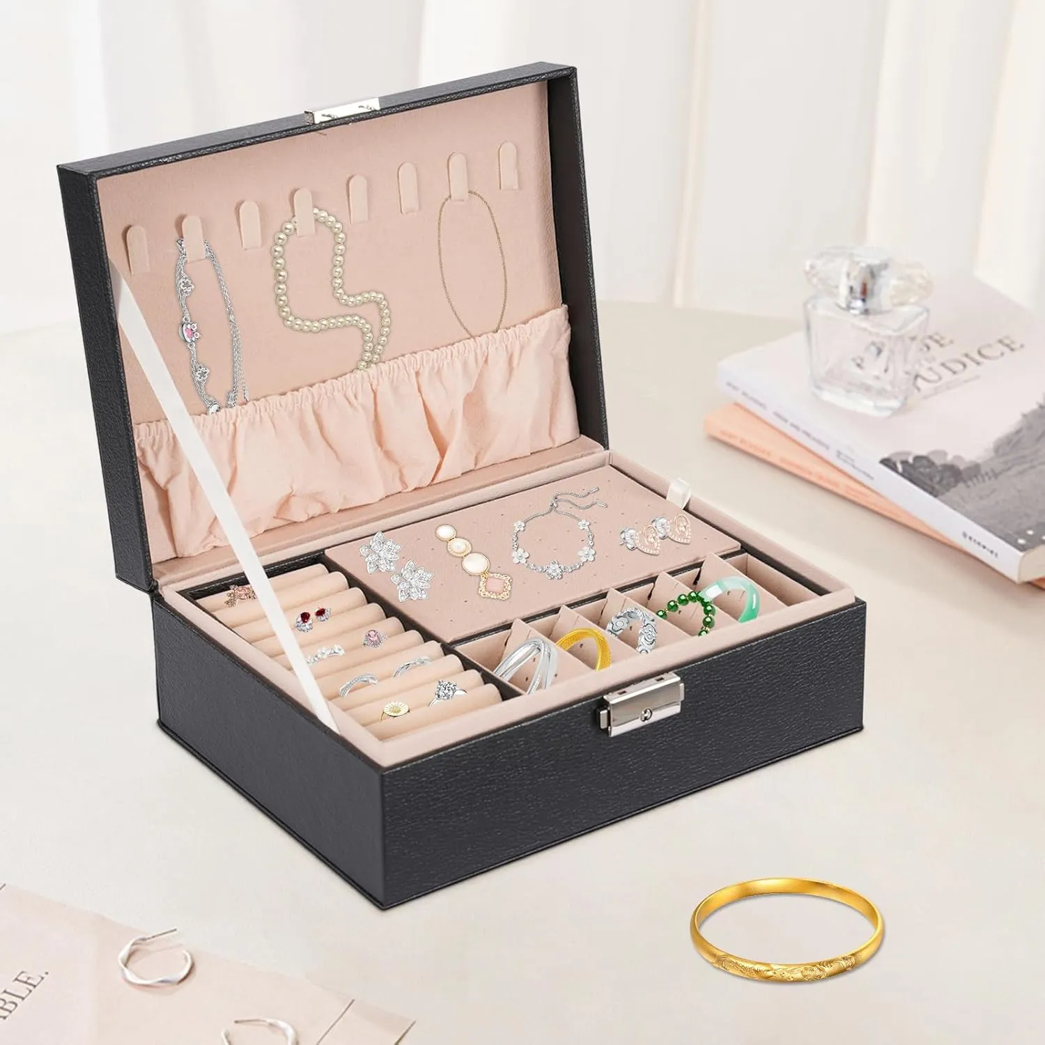 Rings Necklaces Bracelet Watch, Black Jewelry Box with Lock and Key for Women, 2-Layer cheer lewis untwist laureate holder dilemma Small Multi-functional Desktop Storage Organizer for Earrings 