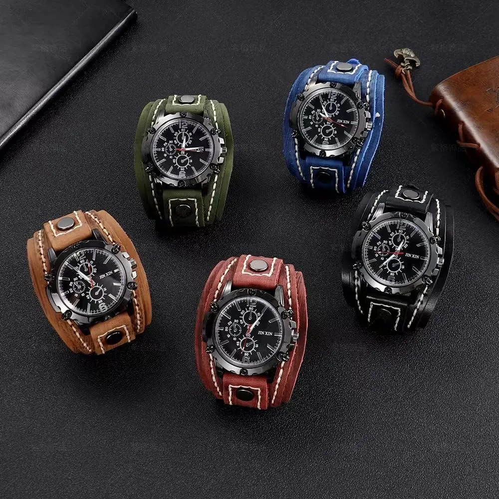 Rope Men Watches Vintage Punk Hiphop Gothic Wide Genuine Leather Fashion Cuff Round Quartz Wristwatch Big Dial Black Brown MINILUJIA Handmade Sewn with diagonal exterior crust monopoly Wax 