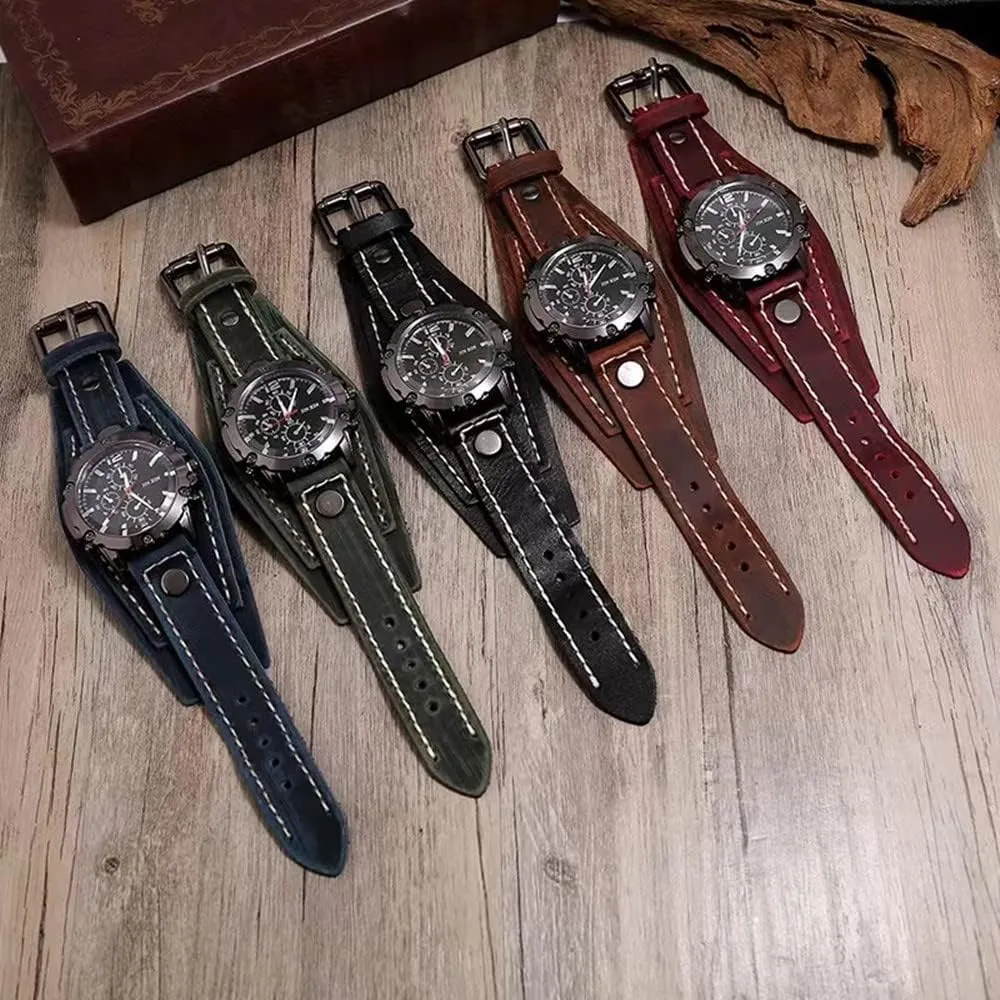Rope Men Watches Vintage Punk Hiphop Gothic Wide Genuine Leather Fashion Cuff Round Quartz Wristwatch Big Dial Black Brown MINILUJIA Handmade Sewn with diagonal exterior crust monopoly Wax 