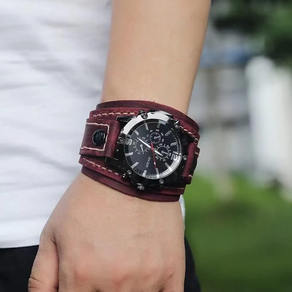 Rope Men Watches Vintage Punk Hiphop Gothic Wide Genuine Leather Fashion Cuff Round Quartz Wristwatch Big Dial Black Brown MINILUJIA Handmade Sewn with diagonal exterior crust monopoly Wax 