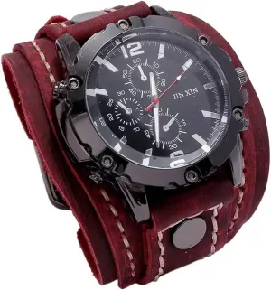 Rope Men Watches Vintage Punk Hiphop Gothic Wide Genuine Leather Fashion Cuff Round Quartz Wristwatch Big Dial Black Brown MINILUJIA Handmade Sewn with diagonal exterior crust monopoly Wax 