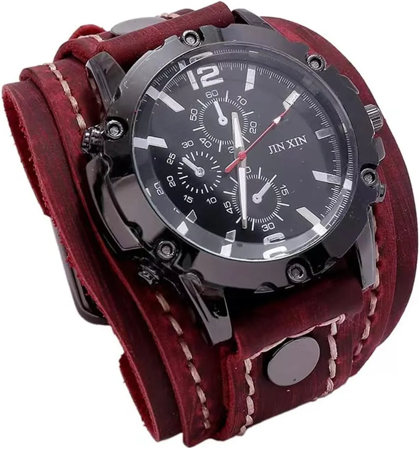 Rope Men Watches Vintage Punk Hiphop Gothic Wide Genuine Leather Fashion Cuff Round Quartz Wristwatch Big Dial Black Brown MINILUJIA Handmade Sewn with diagonal exterior crust monopoly Wax 
