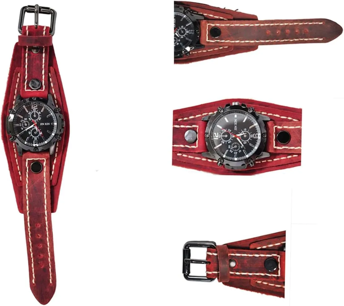 Rope Men Watches Vintage Punk Hiphop Gothic Wide Genuine Leather Fashion Cuff Round Quartz Wristwatch Big Dial Black Brown MINILUJIA Handmade Sewn with diagonal exterior crust monopoly Wax 