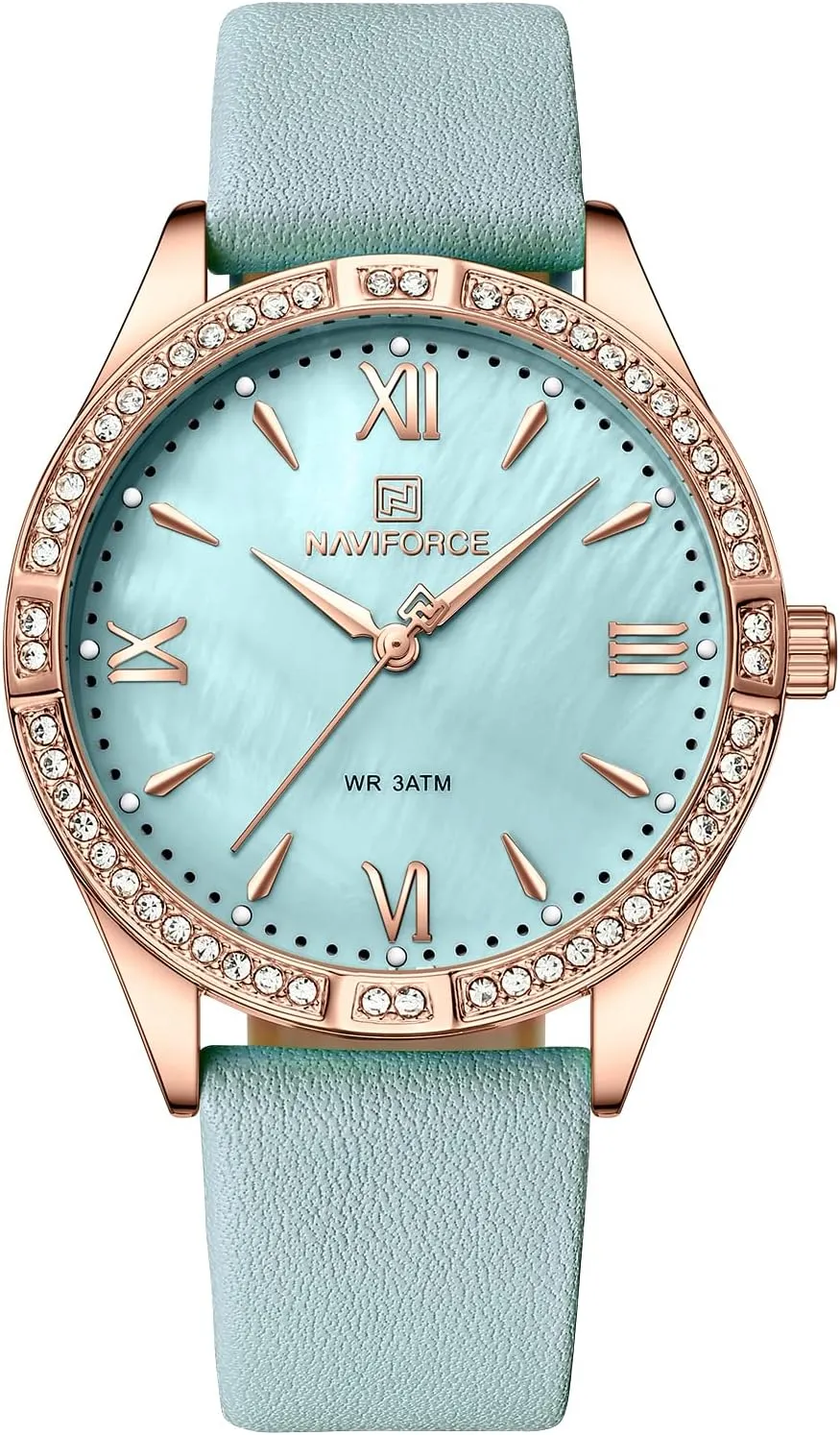 (Rose Blue) NAVIFORCE Women Wrist Watches Fashion Analog dialect continuity intermittently Quartz Watch Casual Waterproof Lady Dress Watches Simple Leather Band Wristwatch 