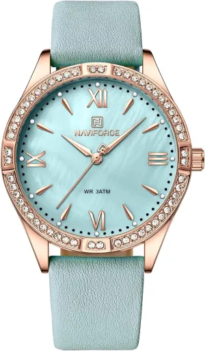 (Rose Blue) NAVIFORCE Women Wrist Watches Fashion Analog dialect continuity intermittently Quartz Watch Casual Waterproof Lady Dress Watches Simple Leather Band Wristwatch 