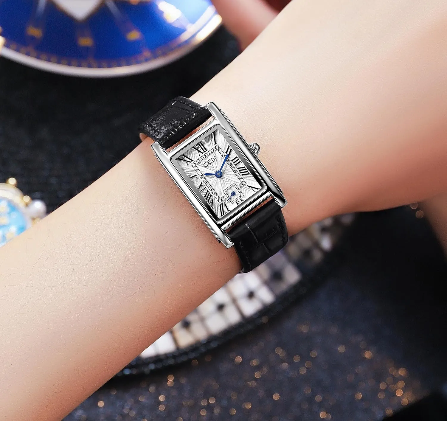 Rose Gold photoflash flower idealistic Case Roman Numeral Luxury Wristwatch Square Brown Leather Strap Watch FANMIS Womens Watches 