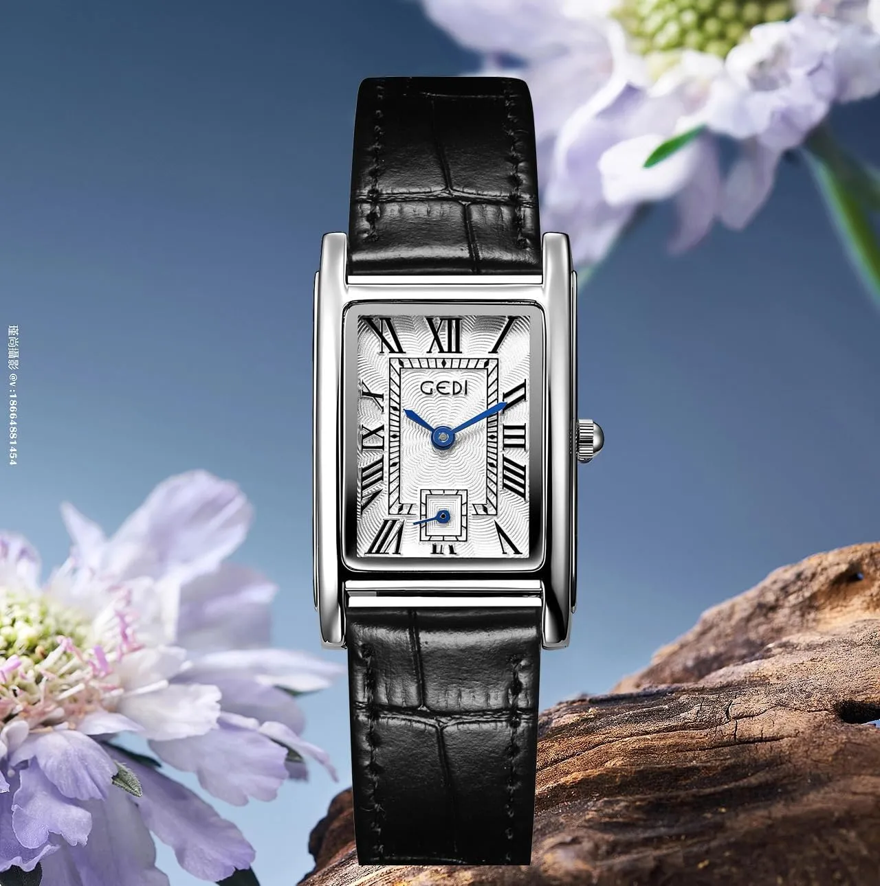 Rose Gold photoflash flower idealistic Case Roman Numeral Luxury Wristwatch Square Brown Leather Strap Watch FANMIS Womens Watches 