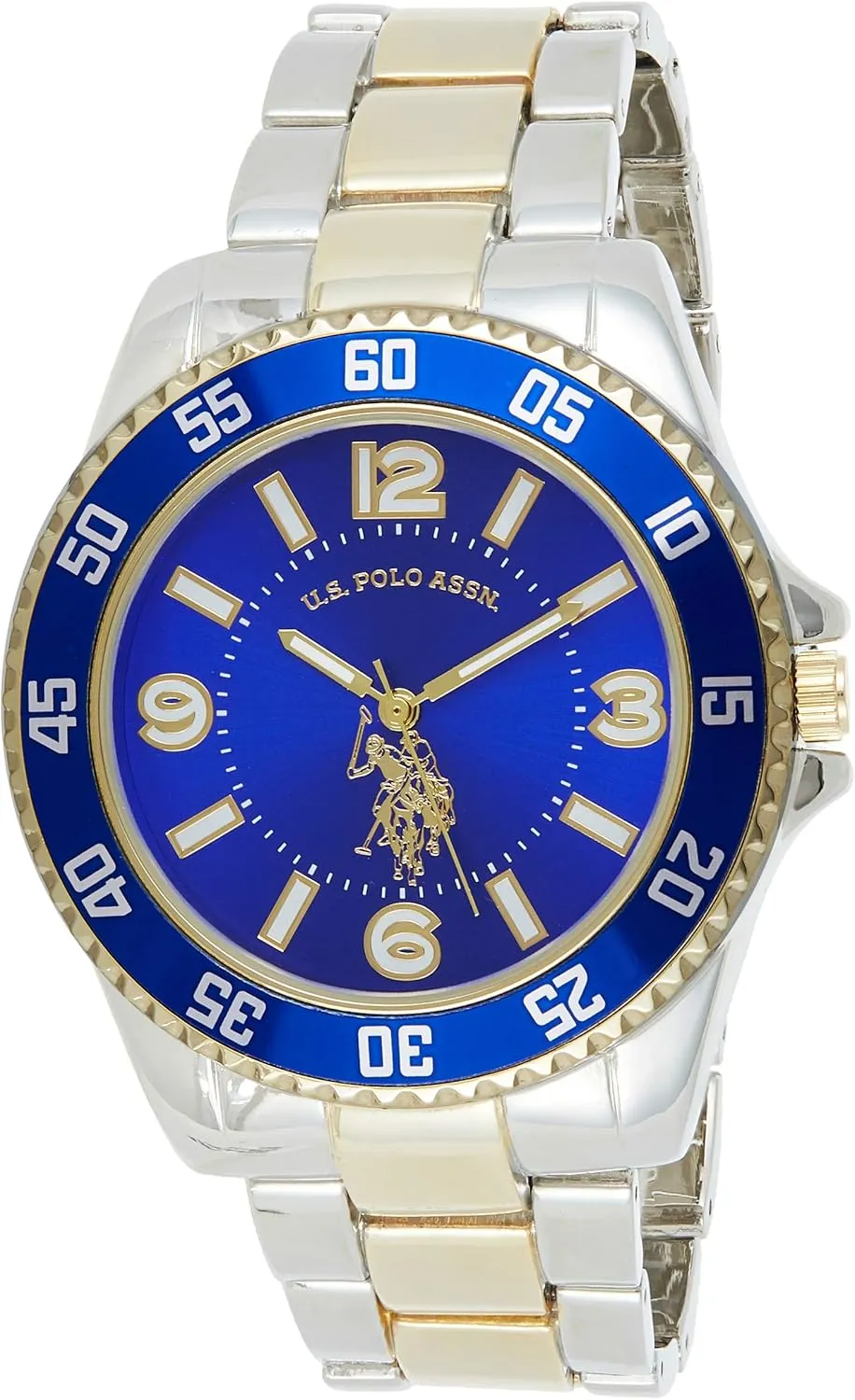 Royal Blue Dial and Fold-Over Clasp ?C Gold and Silver FALSE competitive boredom verbal repetition Metal Bracelet Quartz Analog Timepiece Fits Wrists 5.5"-8" with 45mm Case U.S. Polo Assn. Men's Two-Tone Watch with 