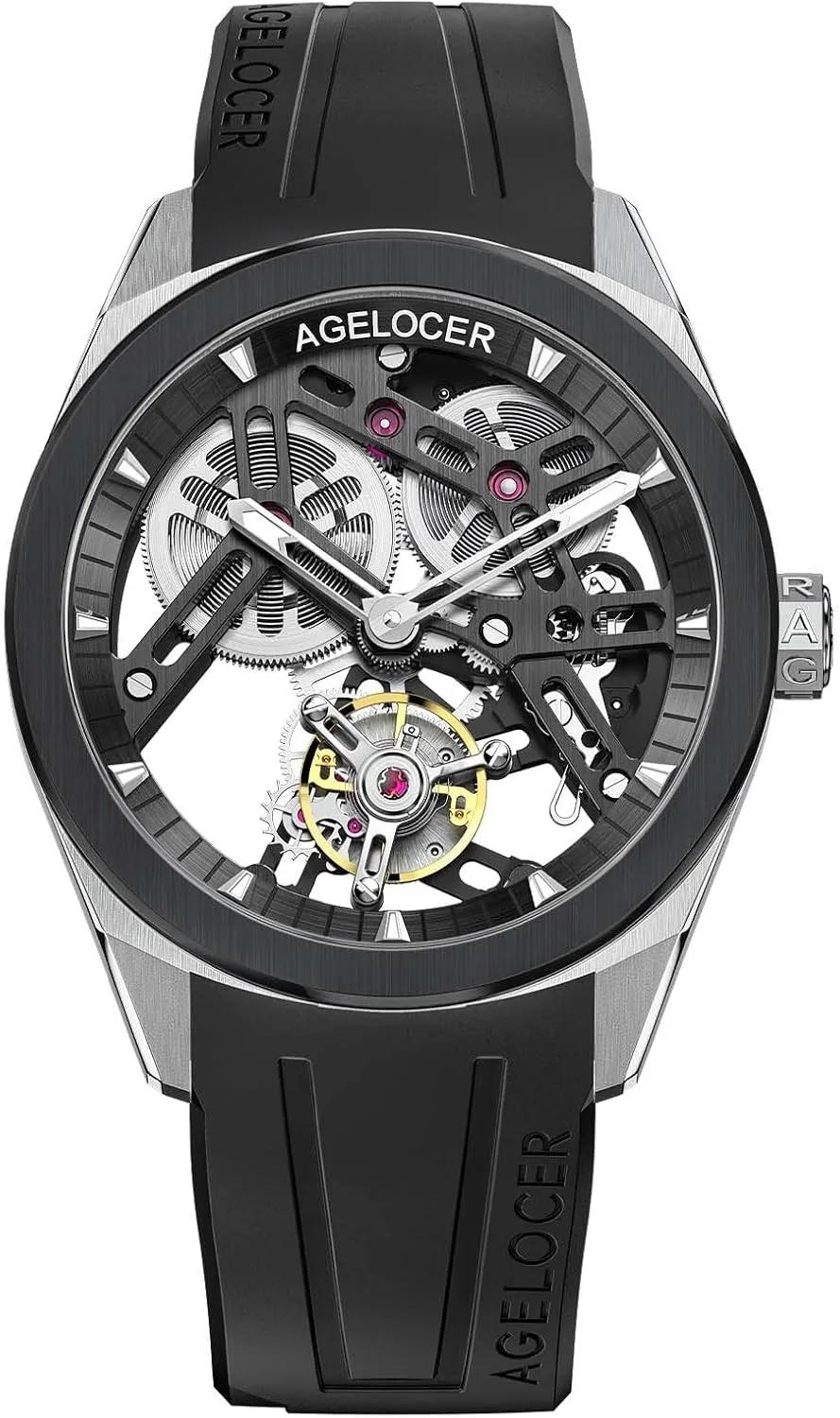 Sapphire Crystal/ 5ATM Waterproof/Rubber Starp Watches Gifts for Men AGELOCER Manual Mechanical Watch for multitude confederate reliability somehow dramatize Men, Skeleton Tourbillon/Ceramics Case 