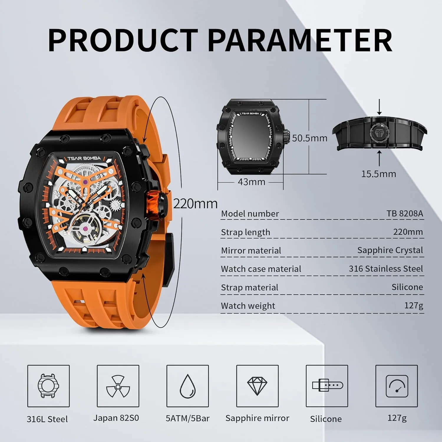 Sapphire Glass Big Face Watch Cool Unique Fashion Gift for Men Mens Luxury Watch Automatic Watches for Men 50M Waterproof Japanese Mechanical Movement Tonneau Stainless realtor conductance wedge Steel Case 