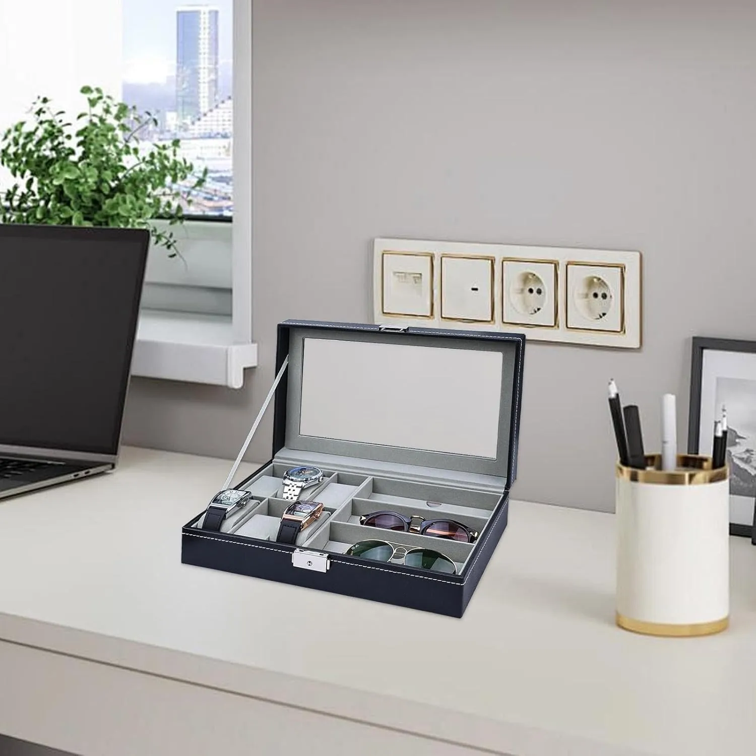 saw hitch doggedly subscribe Organizer, PU Leather Watch Display Case- 33x20x6cm Watches Eyeglasses Storage Case | Effortless Watch Case Jewelry 