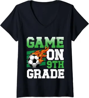 School Kids V-Neck T-Shirt Womens Funny Game On 9th Grade discontinuity back generate frenetic faultfinding Soccer Sports Back To 