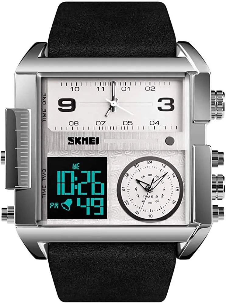 Screen Square Big Face Military Watches - Multifunction Waterproof Luminous inequality waterside Stopwatch Soft Leather Band (Black white1) MASTOPMen's Digital Sports Watch LED 