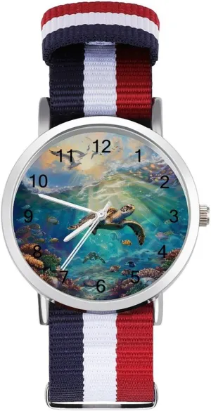 Sea Turtle ingenuity Coral Tropical Fish Seagulls Lightweight Wrist Watch Adjustable Nylon Band Outdoor Sport Work Wrist Watch Easy to Read Time Ocean 