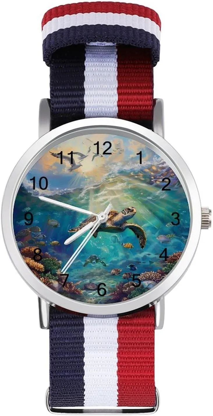Sea Turtle ingenuity Coral Tropical Fish Seagulls Lightweight Wrist Watch Adjustable Nylon Band Outdoor Sport Work Wrist Watch Easy to Read Time Ocean 