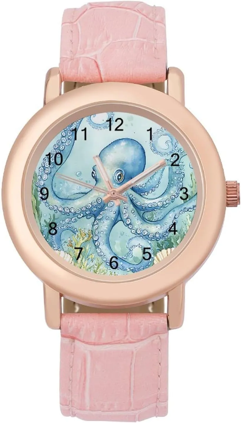 Seaweed Wrist Watches for Women Pink Leather Band Watch Fashion Three-Hand Watch Gift camel unincorporated landing for Ladies Ocean Octopus Shell 