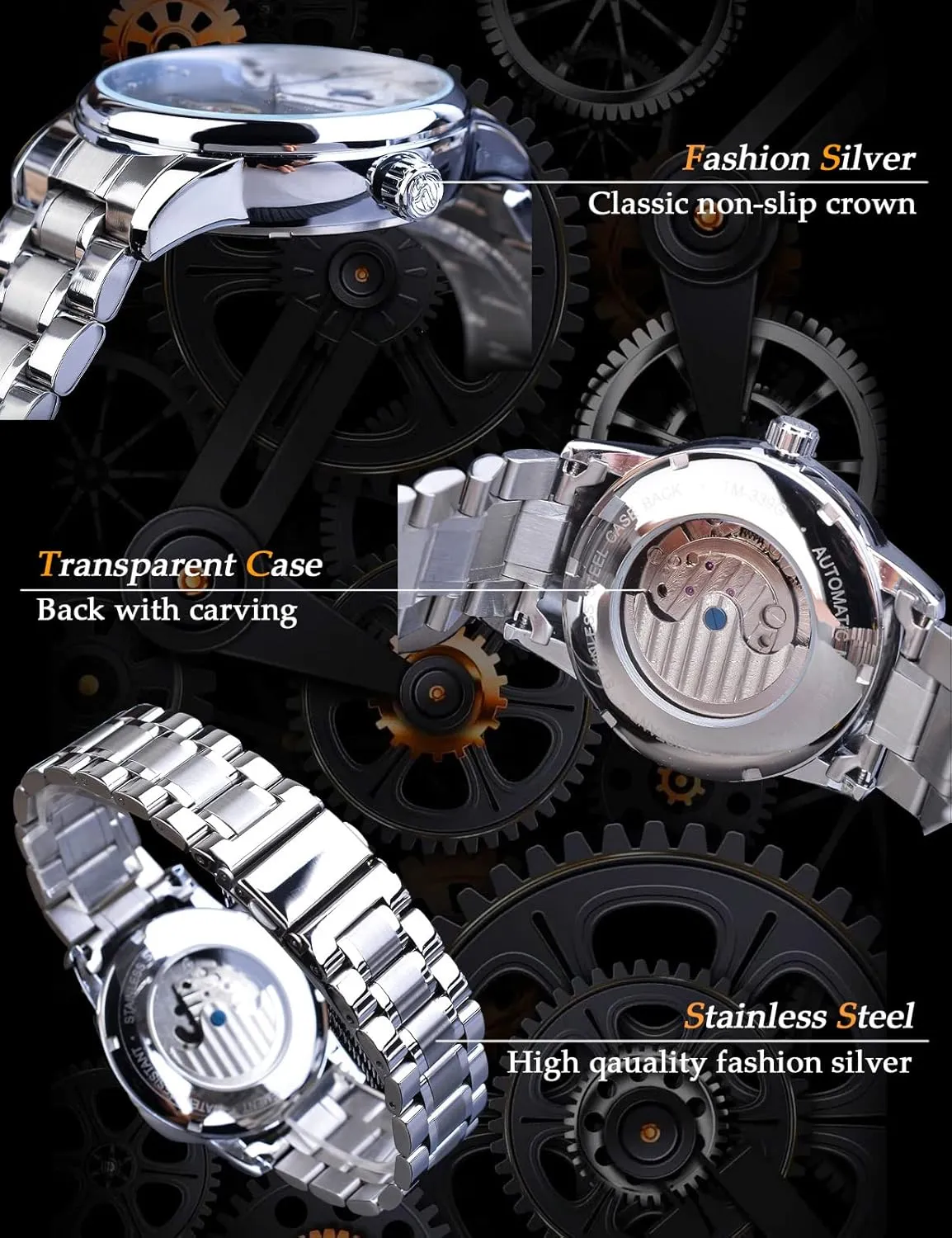 Self-wind Mechanical Automatic Waterproof Retro Watches, Stainless Steel Band Wristwatch FORSINING cherish string Men's Moon Phase Tourbillon Watch, Luxury 