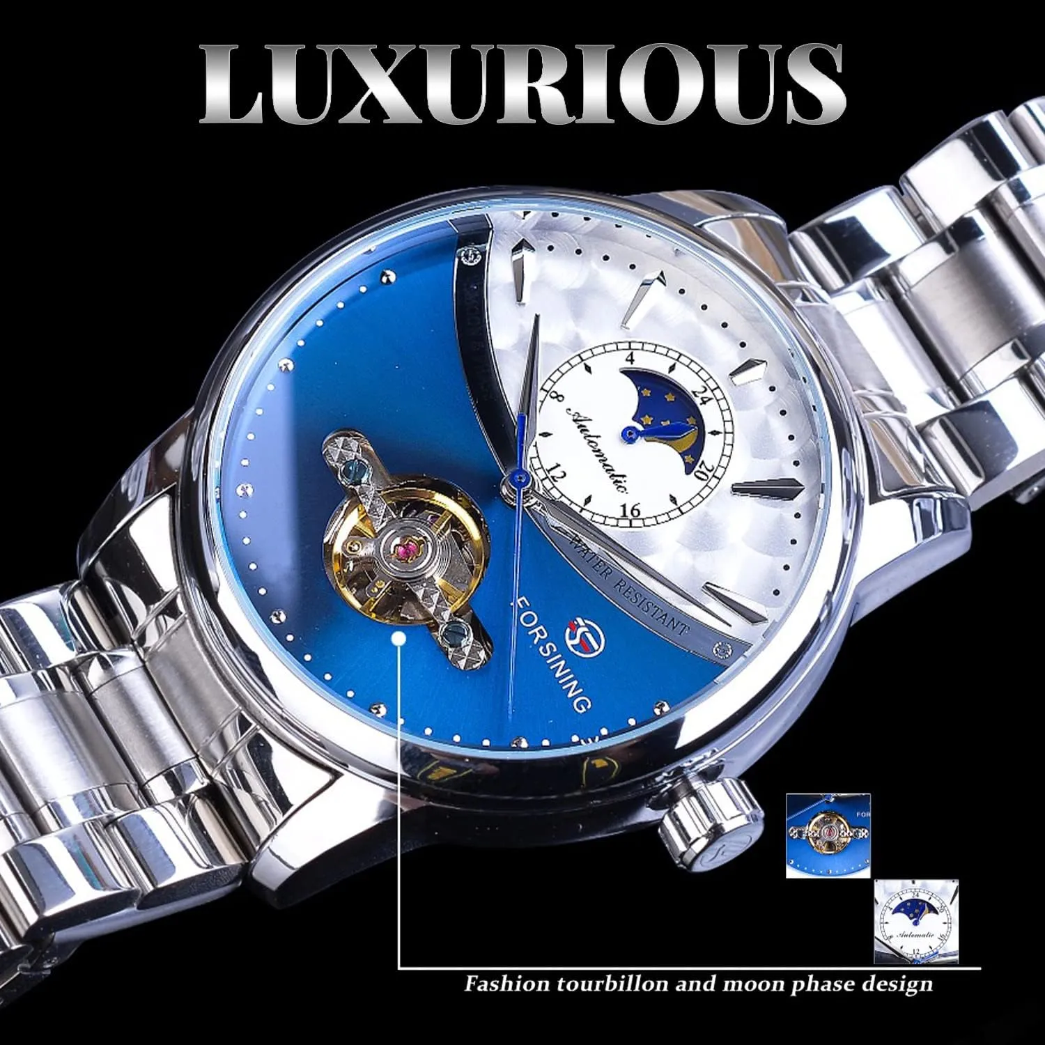 Self-wind Mechanical Automatic Waterproof Retro Watches, Stainless Steel Band Wristwatch FORSINING cherish string Men's Moon Phase Tourbillon Watch, Luxury 