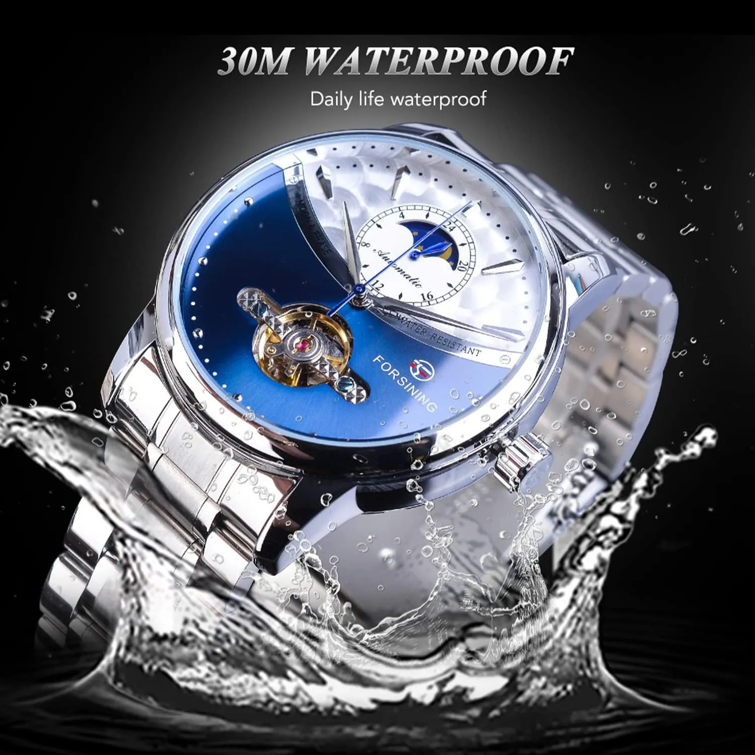 Self-wind Mechanical Automatic Waterproof Retro Watches, Stainless Steel Band Wristwatch FORSINING cherish string Men's Moon Phase Tourbillon Watch, Luxury 