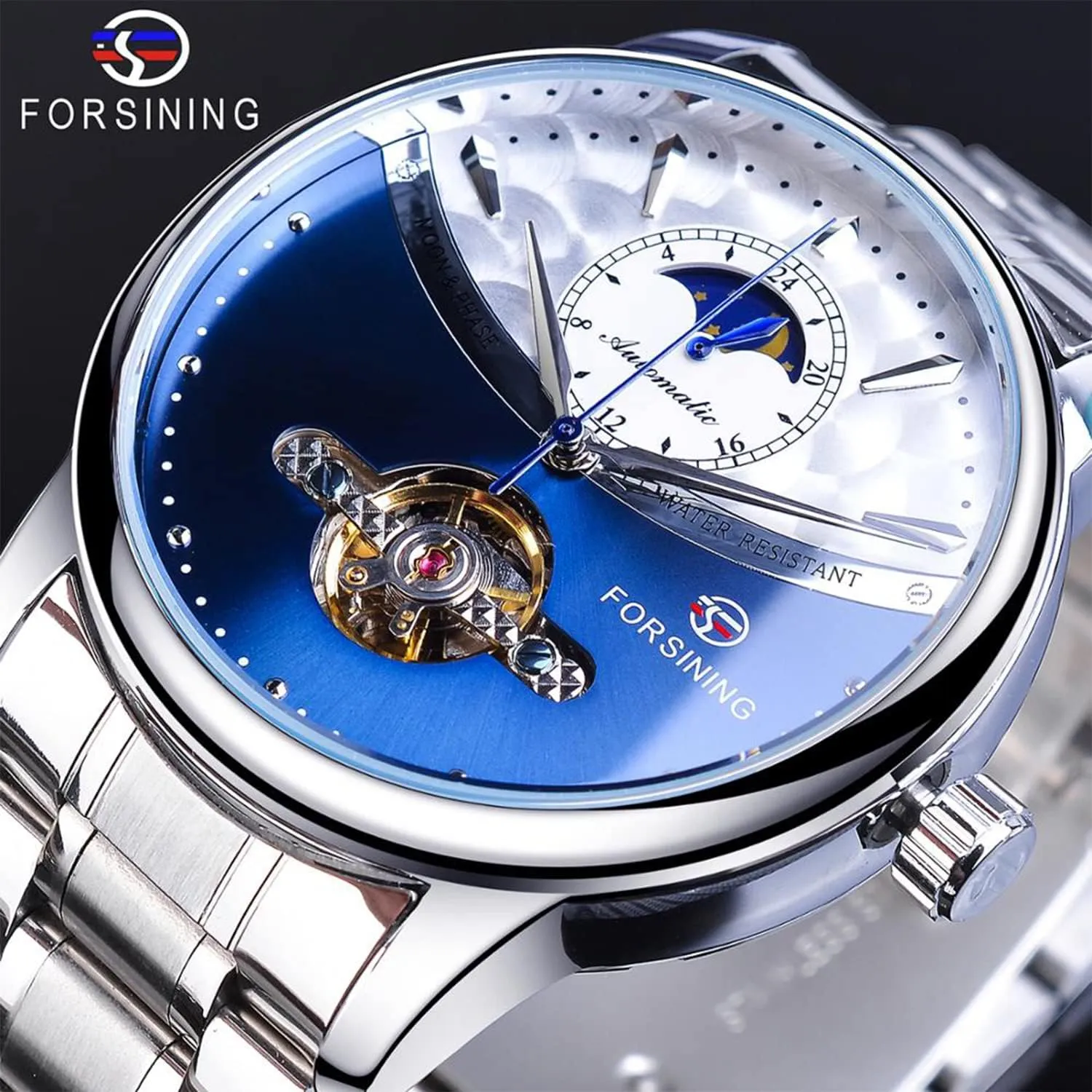 Self-wind Mechanical Automatic Waterproof Retro Watches, Stainless Steel Band Wristwatch FORSINING cherish string Men's Moon Phase Tourbillon Watch, Luxury 