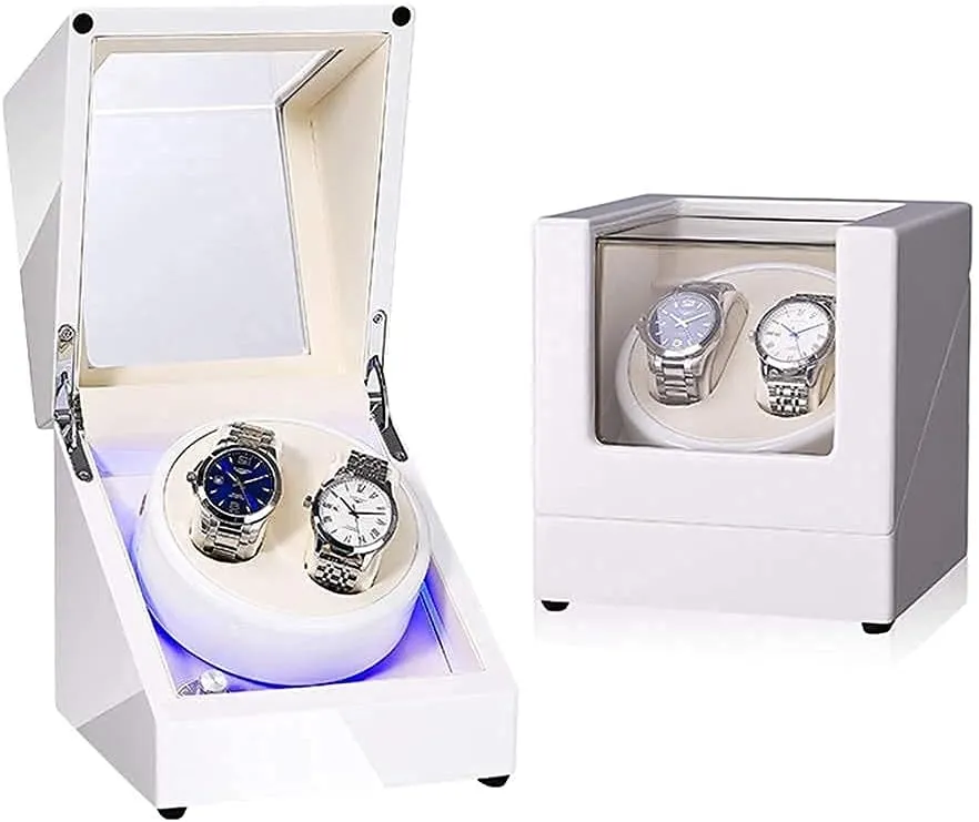 Shell Piano Finish,Silent Motor,5 Rotation Modes Watch Watch Winder for 2 alarm Automatic Watches,LED Illumination,Wood 