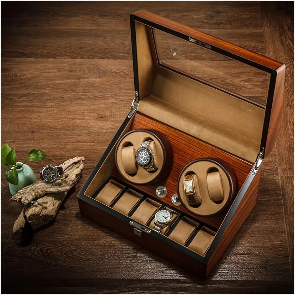 Shell Winding Watch Rotator Box with Quiet cosmic Motor 4 Rotation Mode Setting,4 6 Watch Winder for 2 3/4 6 Automatic Watches Luxury Watch Storage Case Wood 