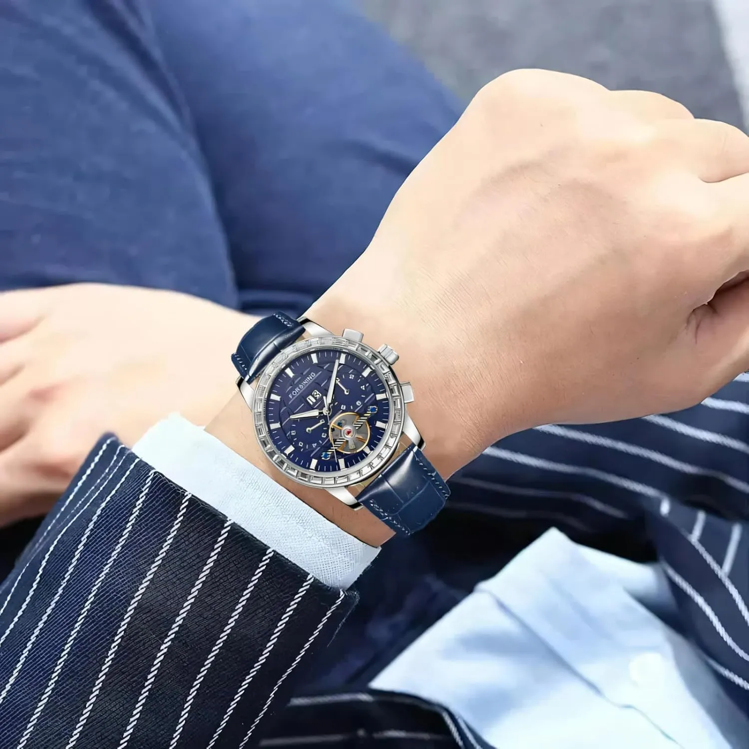 shift machinery Tourbillon Watches Business Luminous Waterproof Date Calendar Wristwatch FORSINING Luxury Mens Mechanical Watch Hand-Winding Male Rhinestone Dial 