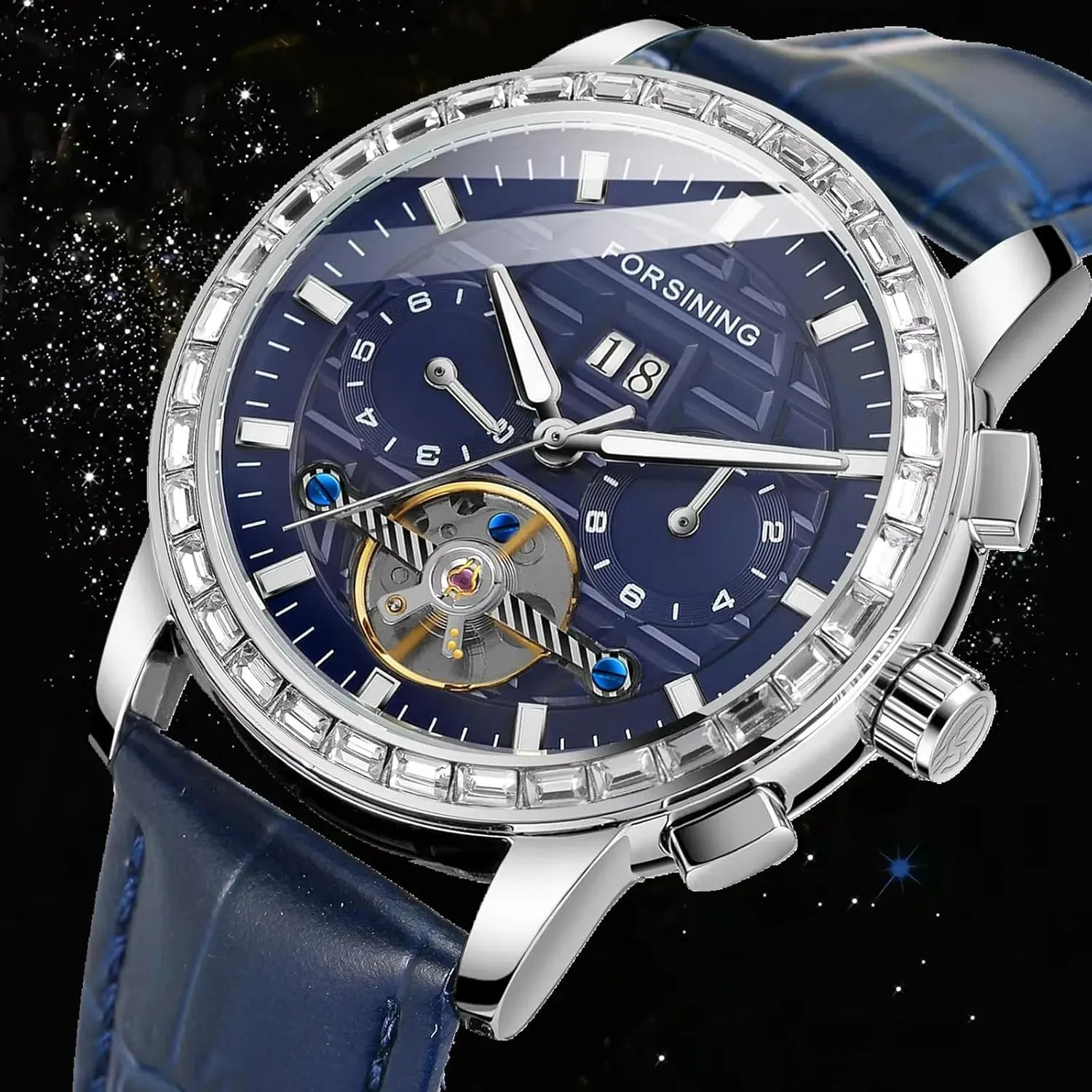 shift machinery Tourbillon Watches Business Luminous Waterproof Date Calendar Wristwatch FORSINING Luxury Mens Mechanical Watch Hand-Winding Male Rhinestone Dial 