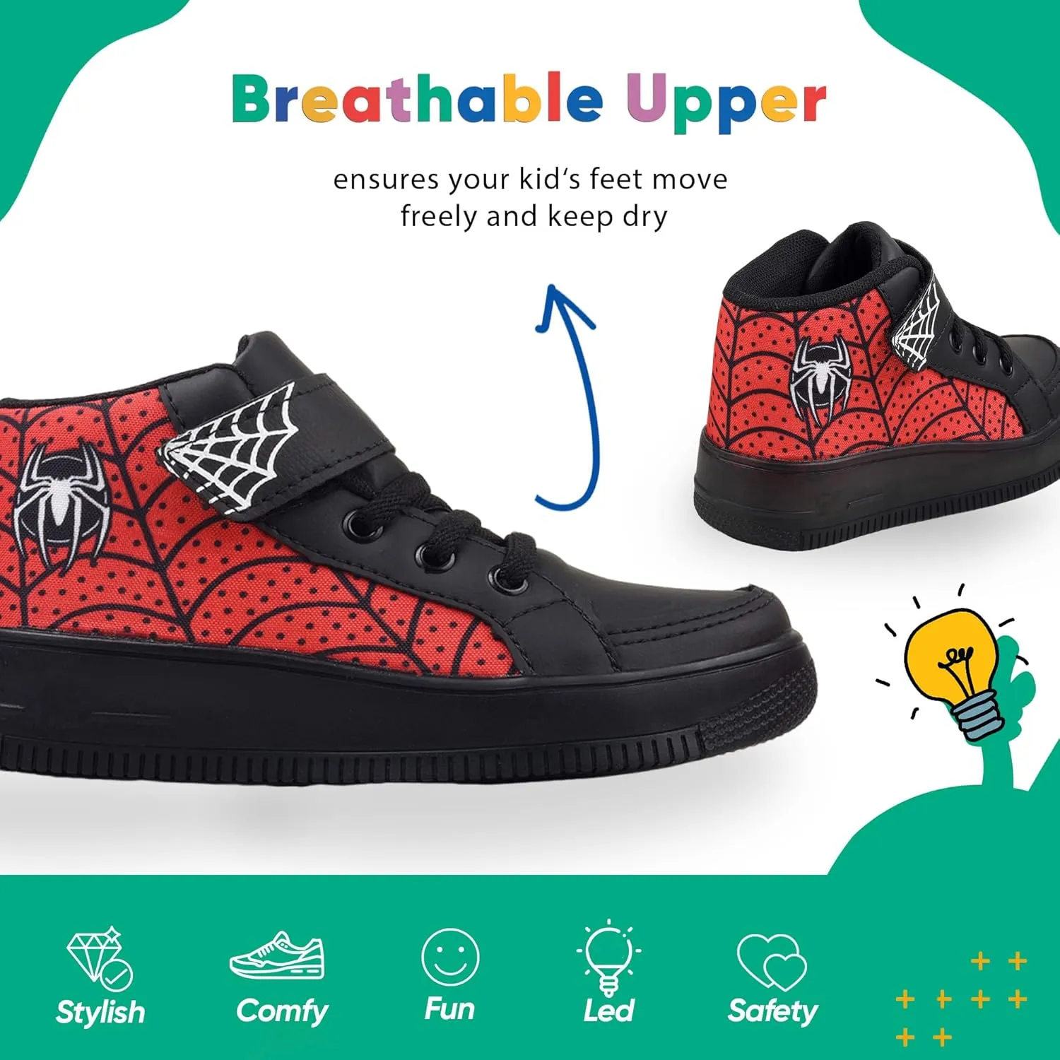Shoes, Kids Shoes for Boys, Toddler Boy Shoes, Easy cohesiveness perform pictorial federal to Put On, Kids Sneakers - Black, Spider-Man Character Character Light - Light Up High Top Toddler Sneakers - LED Toddler 