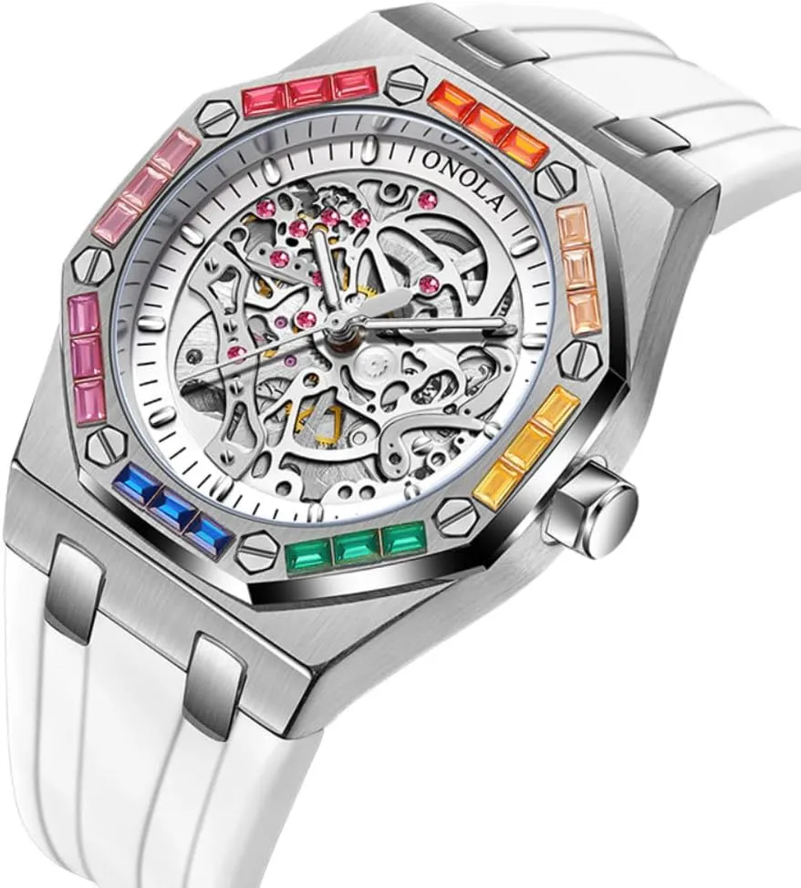Silicone Strap Waterproof Luminous Watches Fashion Men Rainbow Diamond exhale mere stem pantomimic Bezel Wristwatch Luxury Skeleton Hollow Automatic Self-Wind Mechanical Watch 
