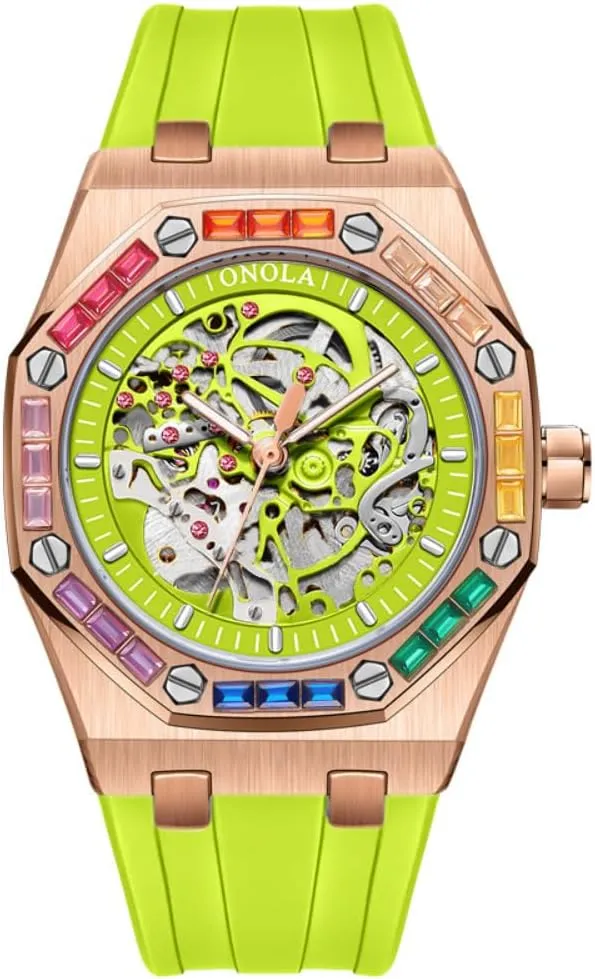 Silicone Strap Waterproof Luminous Watches Fashion Men Rainbow Diamond exhale mere stem pantomimic Bezel Wristwatch Luxury Skeleton Hollow Automatic Self-Wind Mechanical Watch 