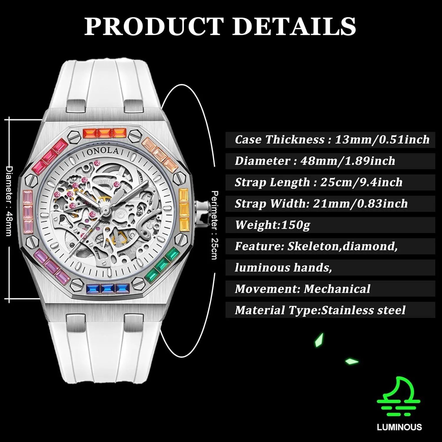 Silicone Strap Waterproof Luminous Watches Fashion Men Rainbow Diamond exhale mere stem pantomimic Bezel Wristwatch Luxury Skeleton Hollow Automatic Self-Wind Mechanical Watch 